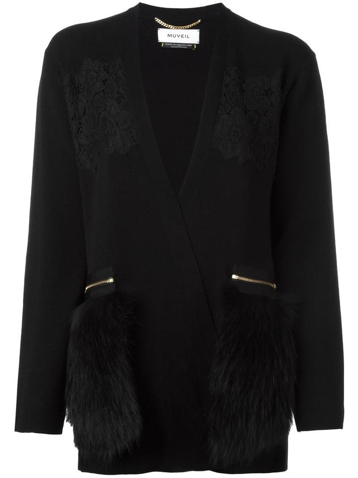 Muveil Embellished Cardigan, Women's, Size: 38, Black, Wool/racoon Fur/nylon/cotton