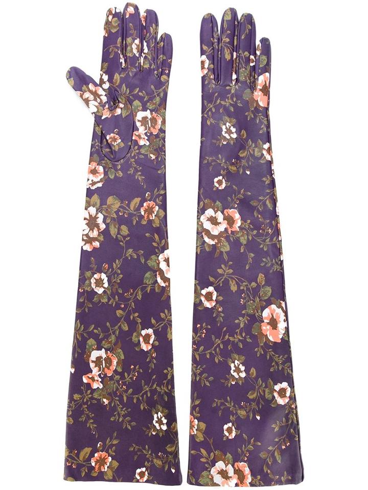 Rochas Long Floral Print Gloves, Women's, Size: 6.5, Pink/purple, Calf Leather