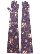 Rochas Long Floral Print Gloves, Women's, Size: 6.5, Pink/purple, Calf Leather