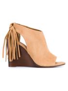 Chloé Wedge Fringed Sandals, Women's, Size: 40.5, Nude/neutrals, Leather/suede