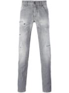 Dolce & Gabbana Distressed Straight Jeans, Men's, Size: 44, Grey, Cotton/calf Leather/zamak