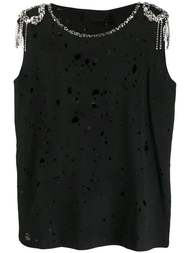 Philipp Plein Shoulder Embellished Distressed Tank - Black