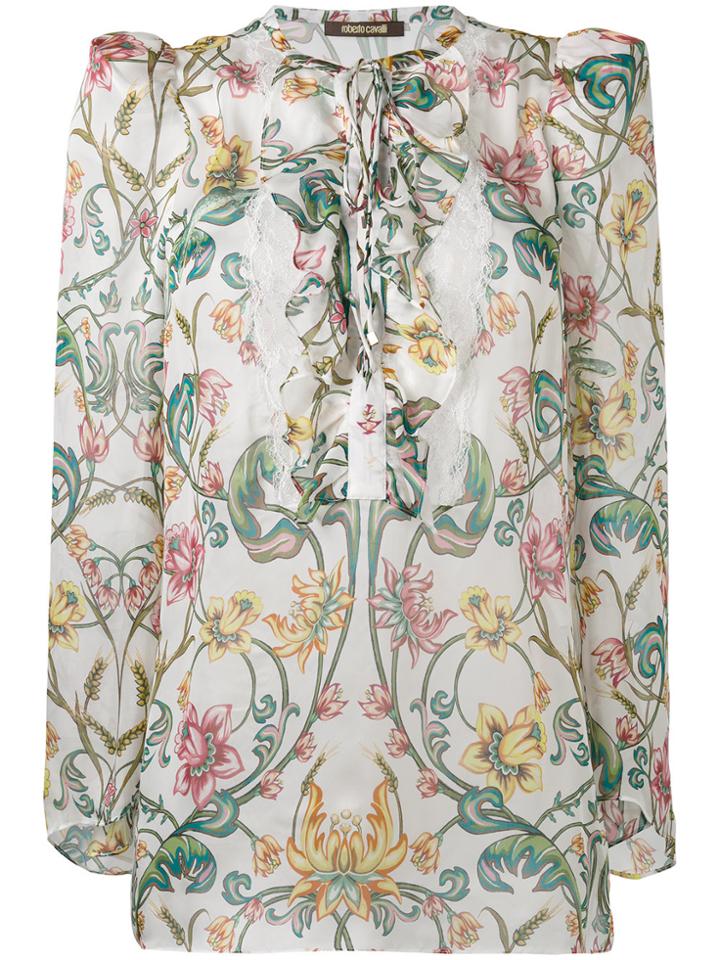 Roberto Cavalli Lace-up Neck Floral Blouse - White