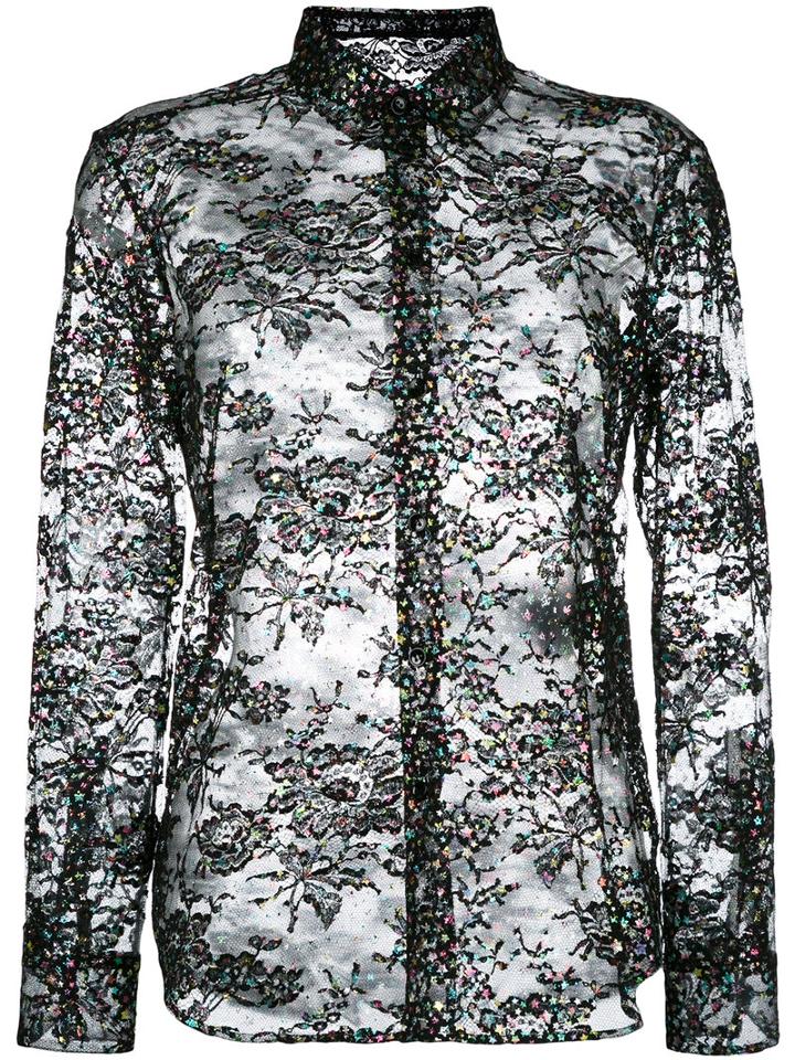 Saint Laurent Lace Glitter Detail Top, Women's, Size: 40, Black, Cotton/polyamide