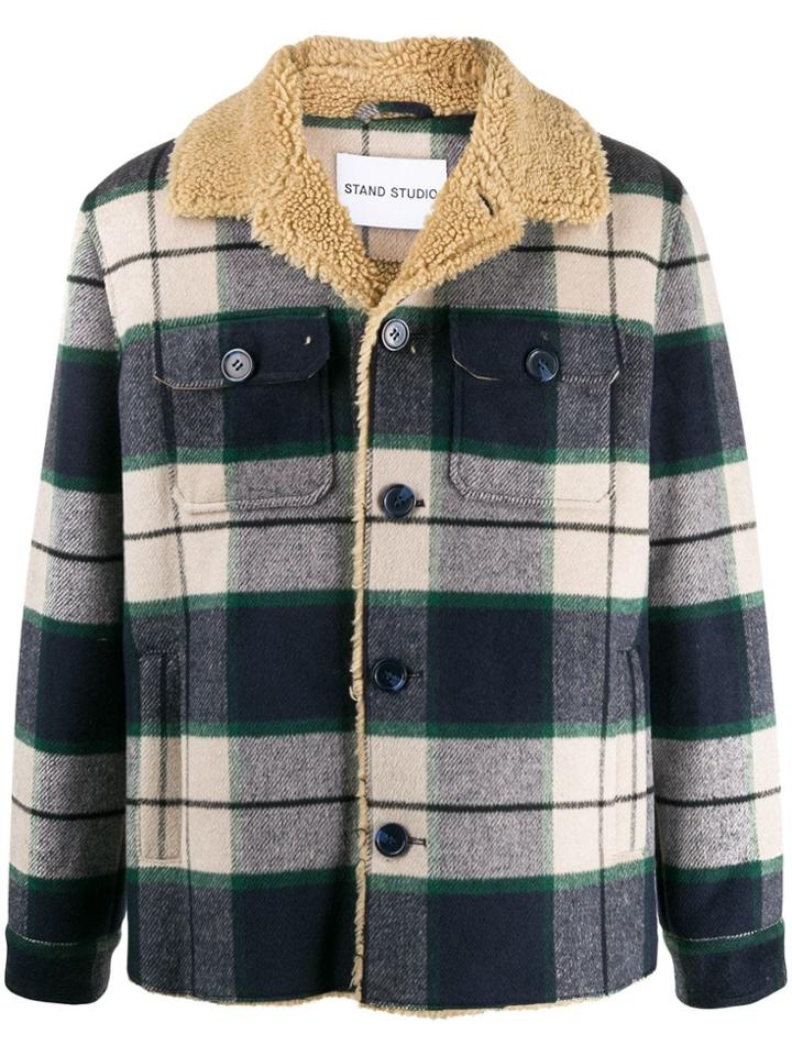 Stand Studio Check-print Shearling Jacket - Blue