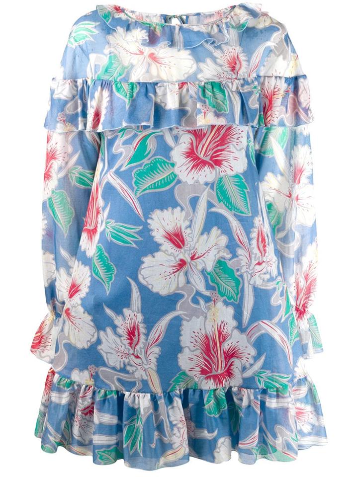 Valentino Ruffle Trim Floral Dress - Blue