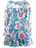 Valentino Ruffle Trim Floral Dress - Blue