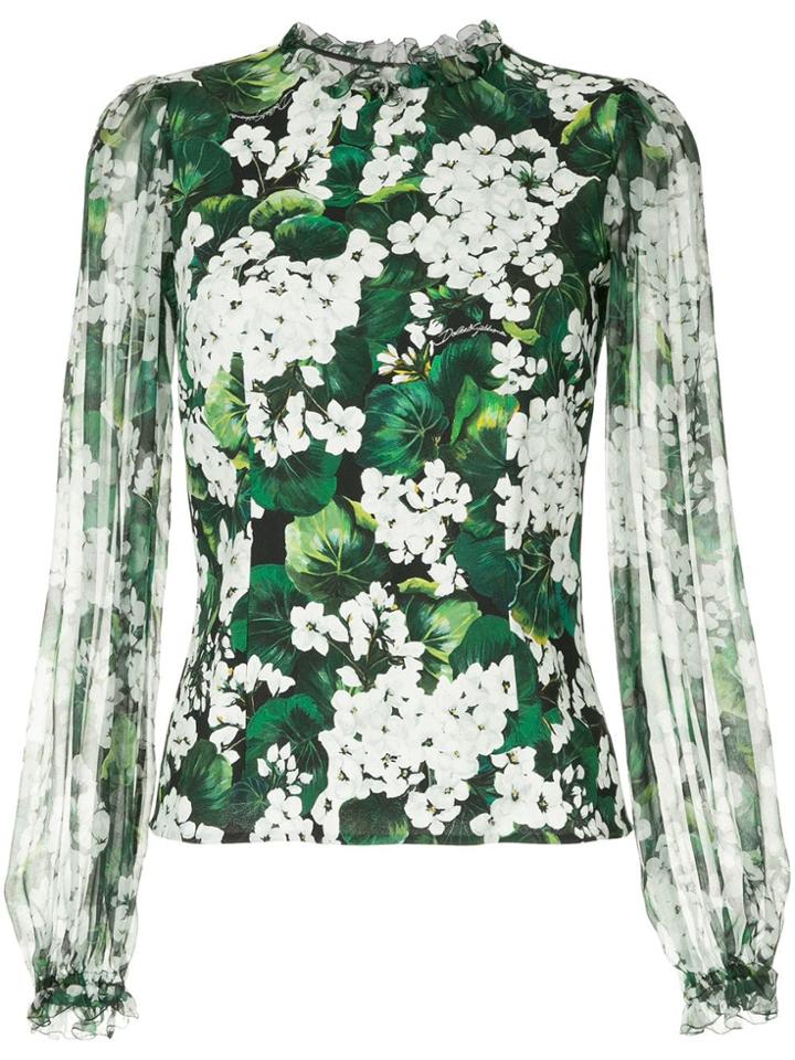 Dolce & Gabbana White Geranium Printed Blouse - Green