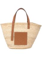 Loewe Large Logo Raffia Basket Bag With Leather Trim - Neutrals
