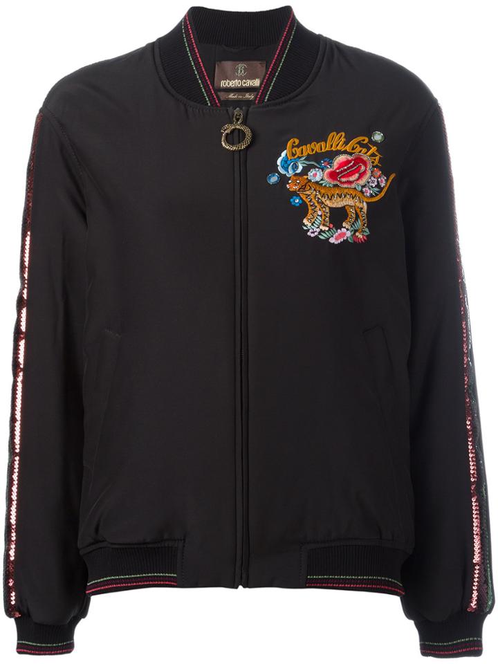 Roberto Cavalli Embroidered Cavalli Cats Bomber Jacket - Black