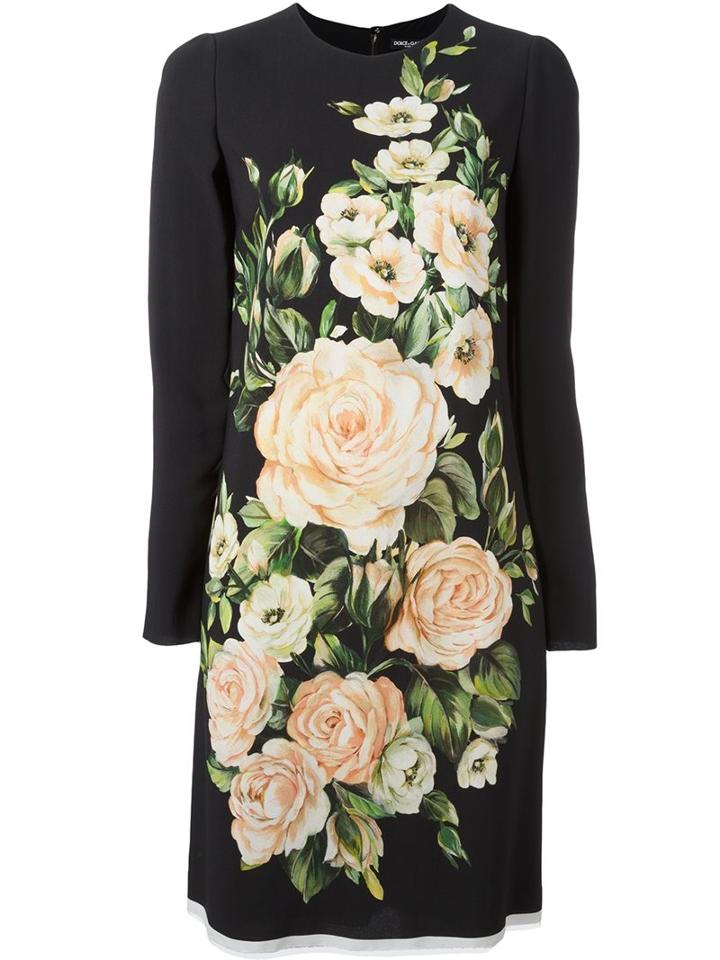 Dolce & Gabbana Rose Print Midi Dress, Women's, Size: 44, Black, Viscose/silk/spandex/elastane
