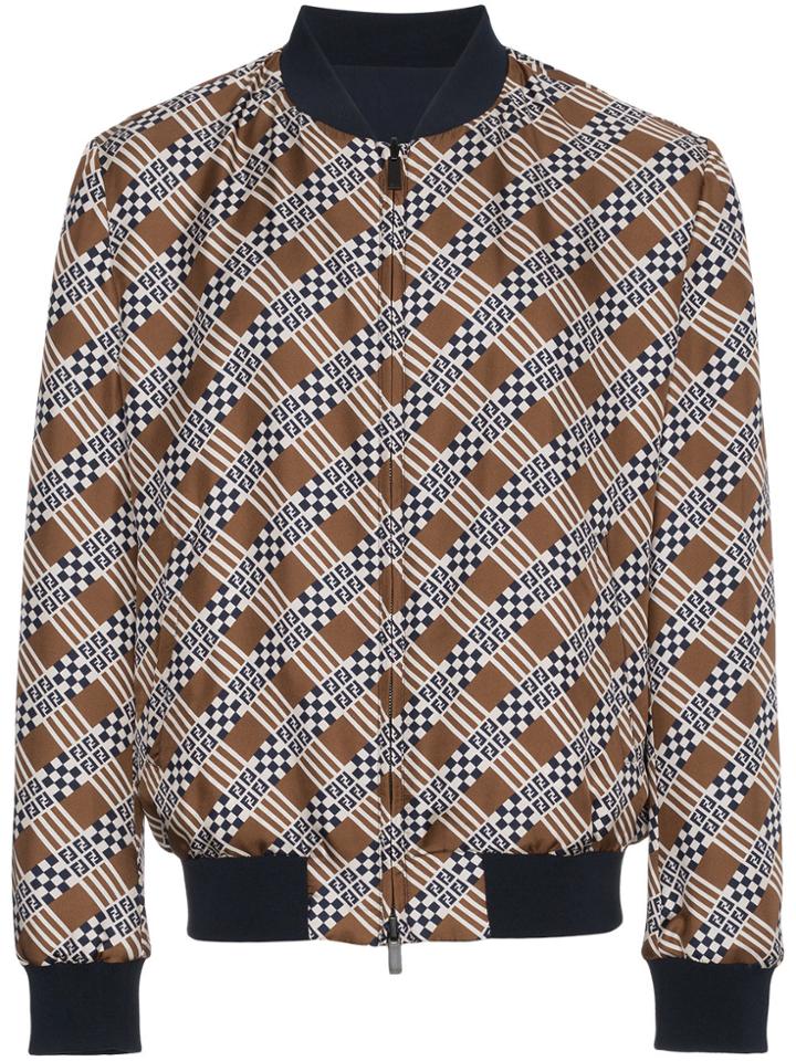 Fendi Logo Print Reversible Silk Bomber Jacket - Brown