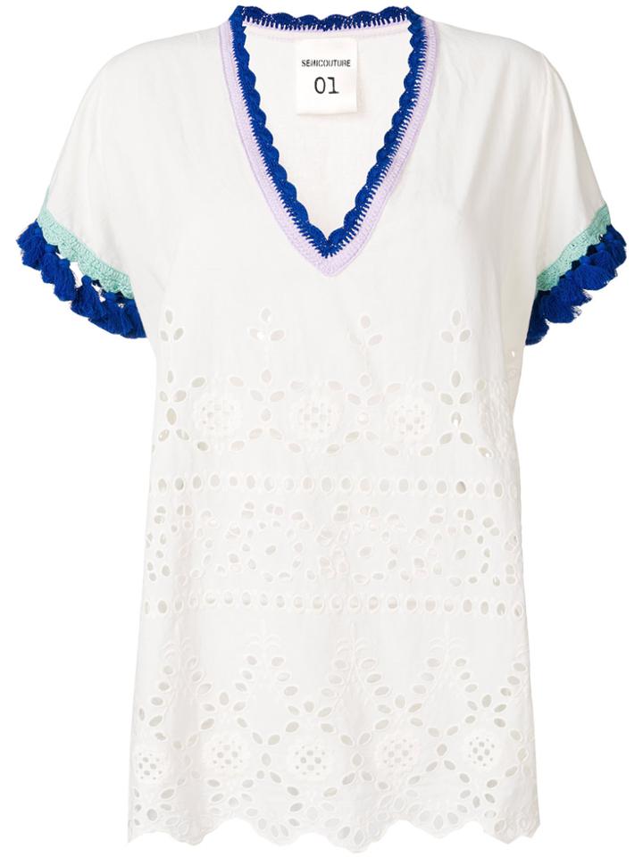 Semicouture Tassel-embellished Broderie Anglaise Top - Nude & Neutrals