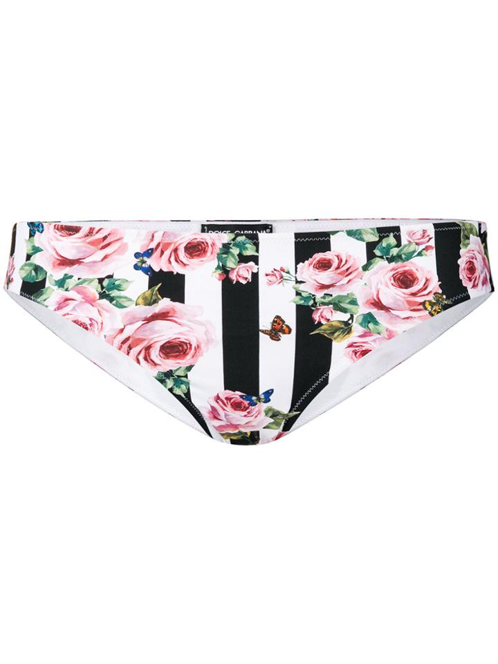 Dolce & Gabbana Rose Print Striped Bikini Bottoms - White