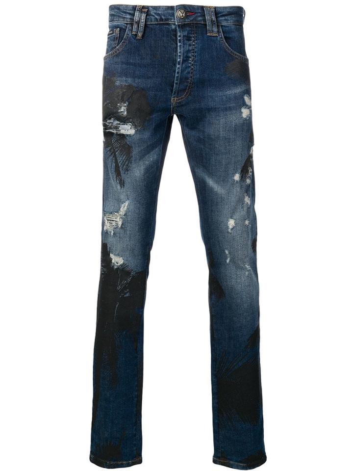 Philipp Plein Palm Print Distressed Jeans - Blue