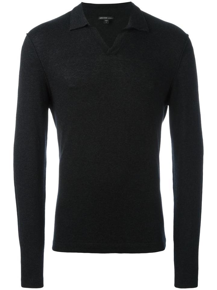 James Perse Knitted Long Sleeve Polo Shirt, Men's, Size: 1, Grey, Cotton/cashmere/wool