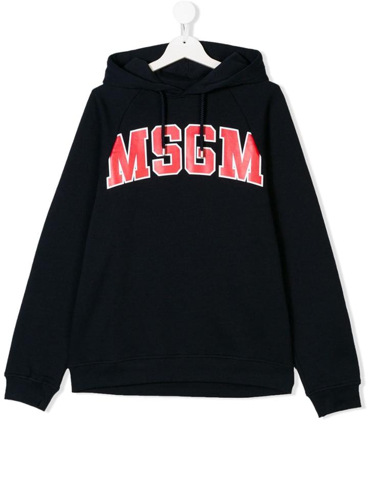 Msgm Kids Teen Logo Drawstring Hoodie - Blue