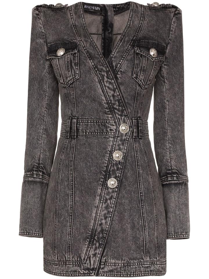 Balmain Wrap Style Button-up Denim Dress - Black
