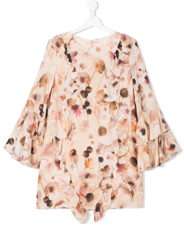 Elisabetta Franchi La Mia Bambina Teen Floral Print Dress - Nude &