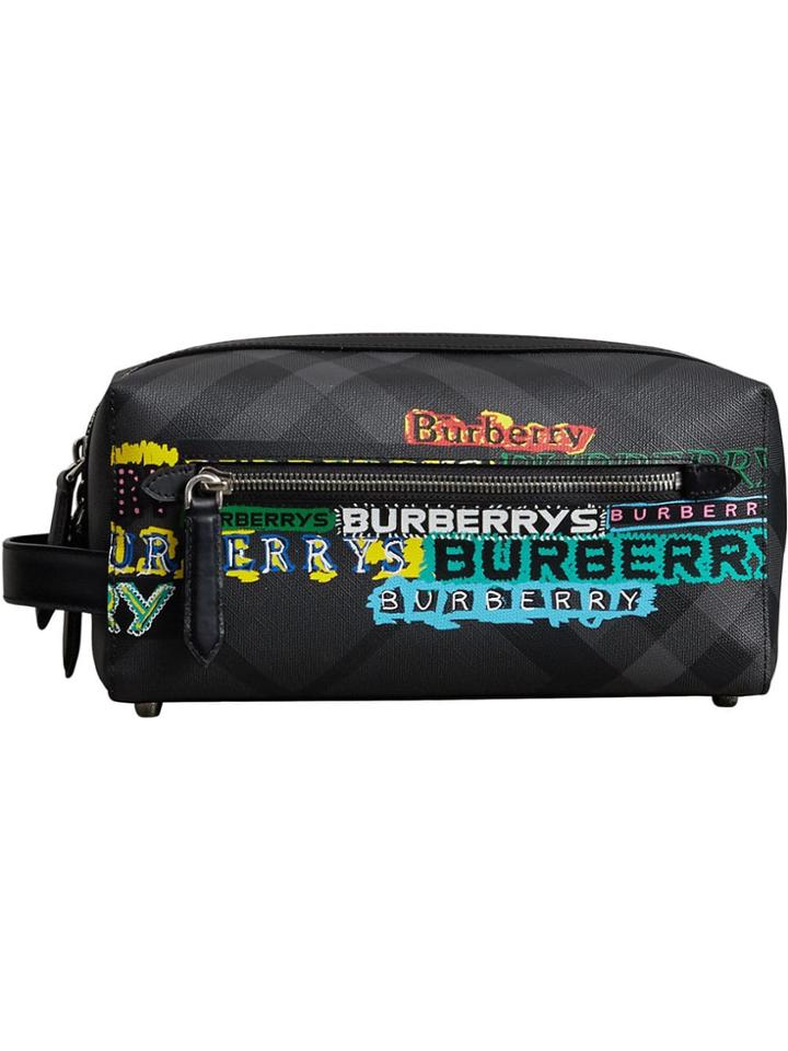 Burberry Tag Print London Check And Leather Pouch - Grey