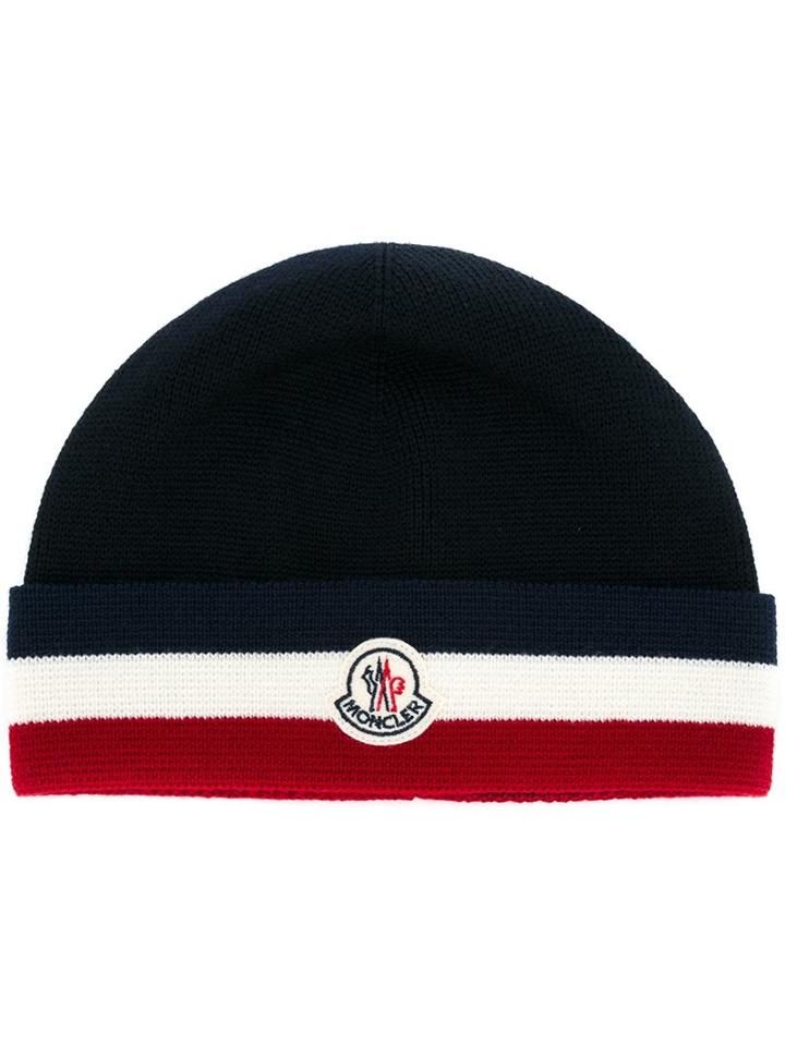 Moncler Classic Logo Beanie, Men's, Blue, Virgin Wool