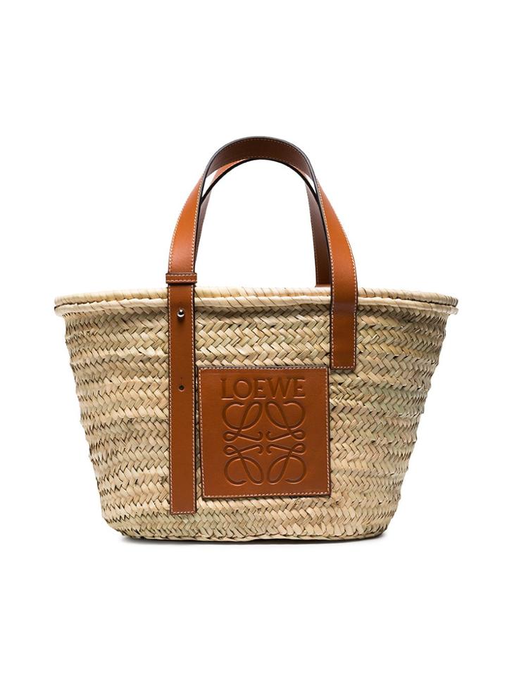 Loewe Logo Medium Raffia Basket Bag With Leather Trim - Nude &