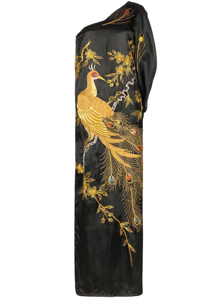 One Vintage Peacock Embroidered Long Dress - Black