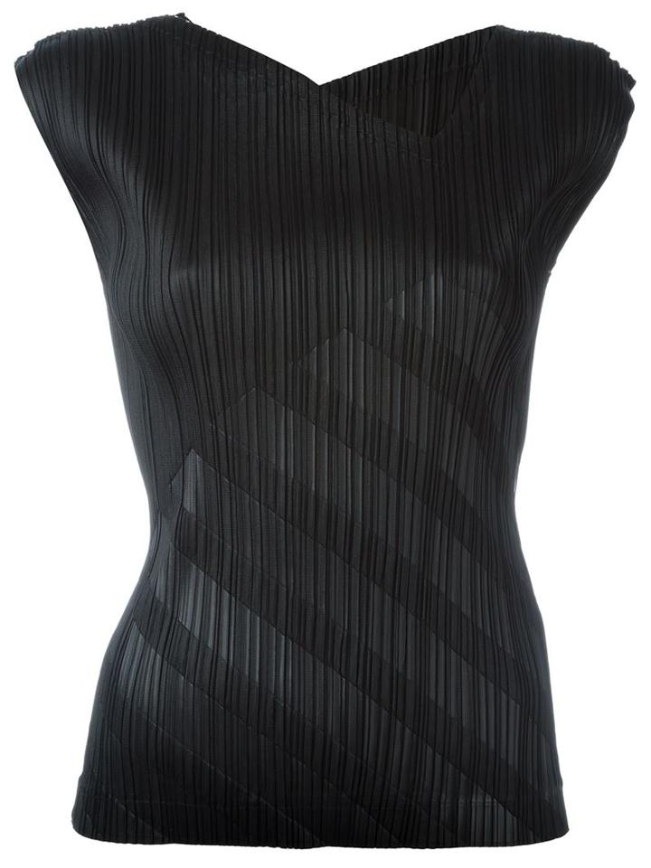 Pleats Please By Issey Miyake Pleated V-neck Top, Women's, Size: 3, Black, Polyester