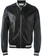 Dolce & Gabbana Striped Trim Bomber Jacket, Men's, Size: 52, Black, Lamb Skin/acetate/viscose