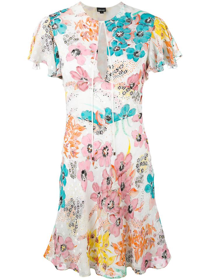 Just Cavalli Floral Print Dress, Size: 44, White, Viscose