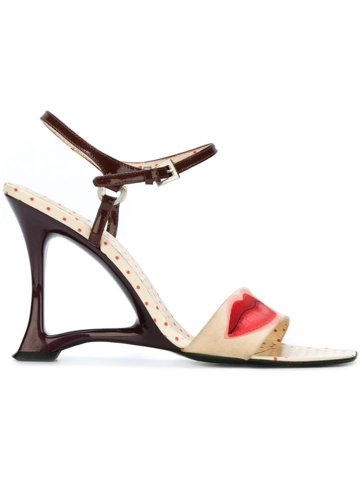 Prada Vintage Lip Print Wedge Sandals - Nude & Neutrals