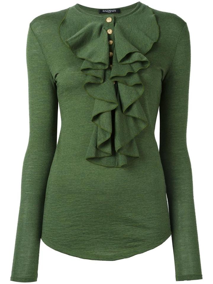 Balmain Ruffled Neckline Top, Women's, Size: 36, Green, Wool
