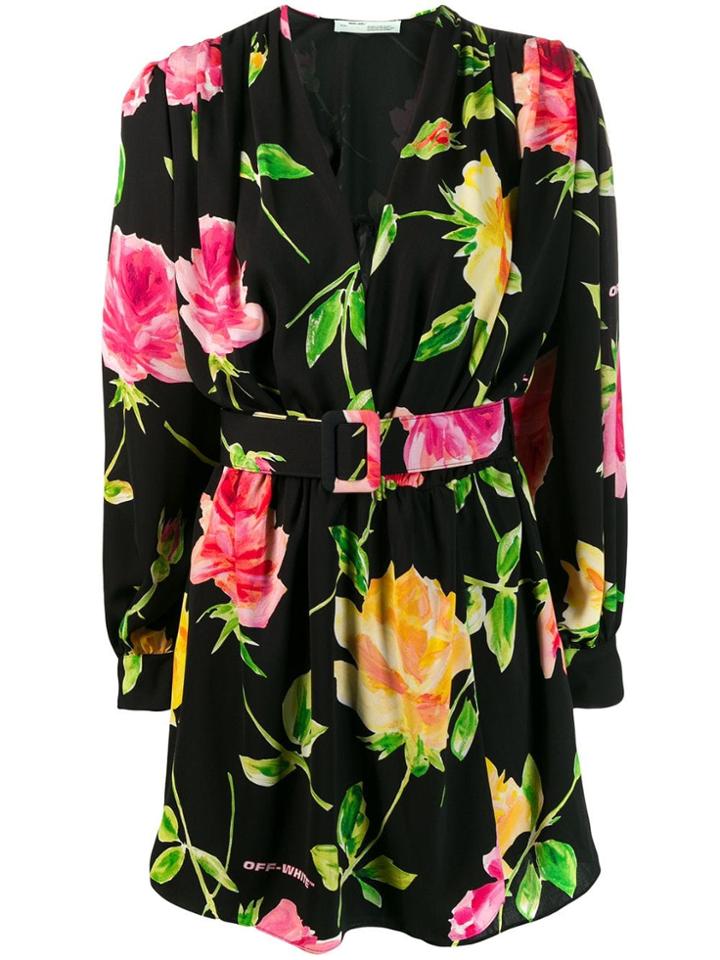 Off-white Floral Wrap Dress - Black
