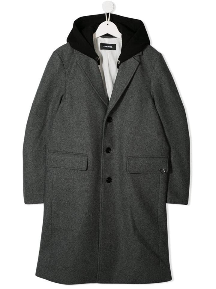 Diesel Kids Hooded Single Breasted Coat - Grey