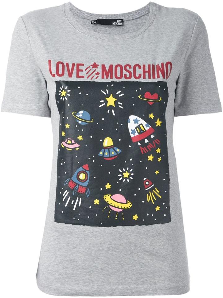 Love Moschino 'space' Print T-shirt, Women's, Size: 44, Grey, Cotton/spandex/elastane