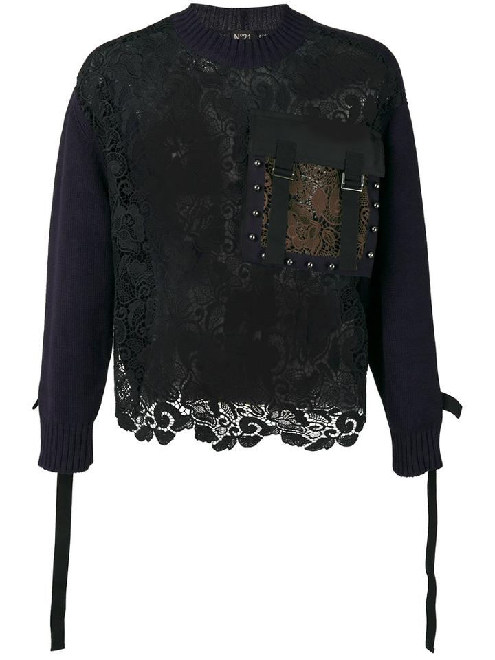 No21 - Lace Long-sleeve Sweater - Men - Cotton/polyester - L, Black, Cotton/polyester