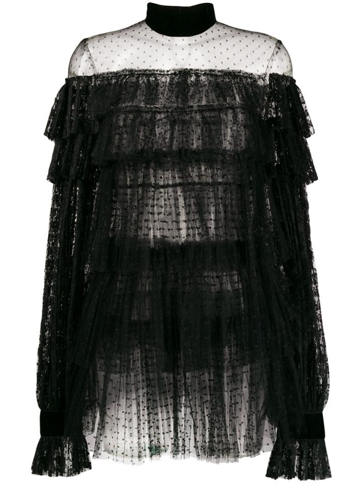 Wandering Lace Ruffled Short Dress - Black
