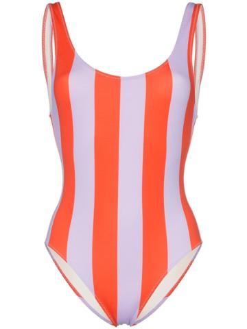 Solid And Striped Round Neck Wide Striped Swimsuit - Purple