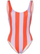 Solid And Striped Round Neck Wide Striped Swimsuit - Purple