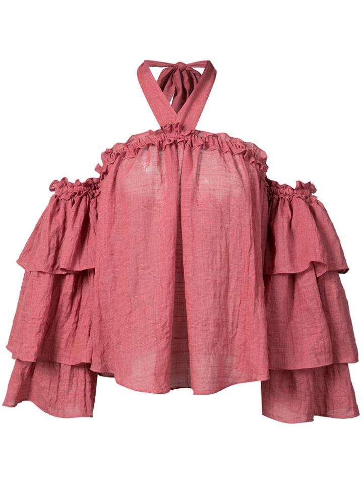 Misa Los Angeles Shoulderless Halterneck Ruffle Top - Pink & Purple