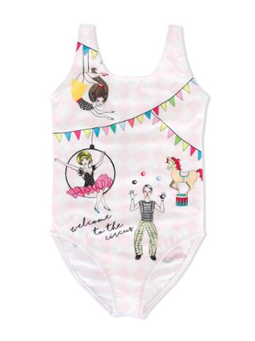 Love Made Love Circus Print Swimsuit, Girl's, Size: 12 Yrs, White