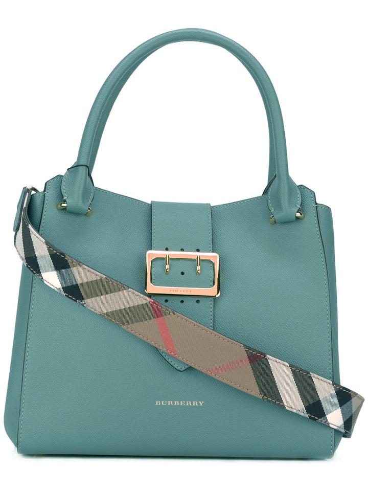 Burberry House Check Tote Bag, Women's, Green, Calf Leather/cotton/polyamide