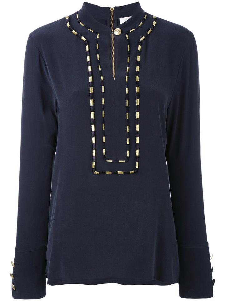 Piped Trim Blouse - Women - Silk - 38, Blue, Silk, Pierre Balmain