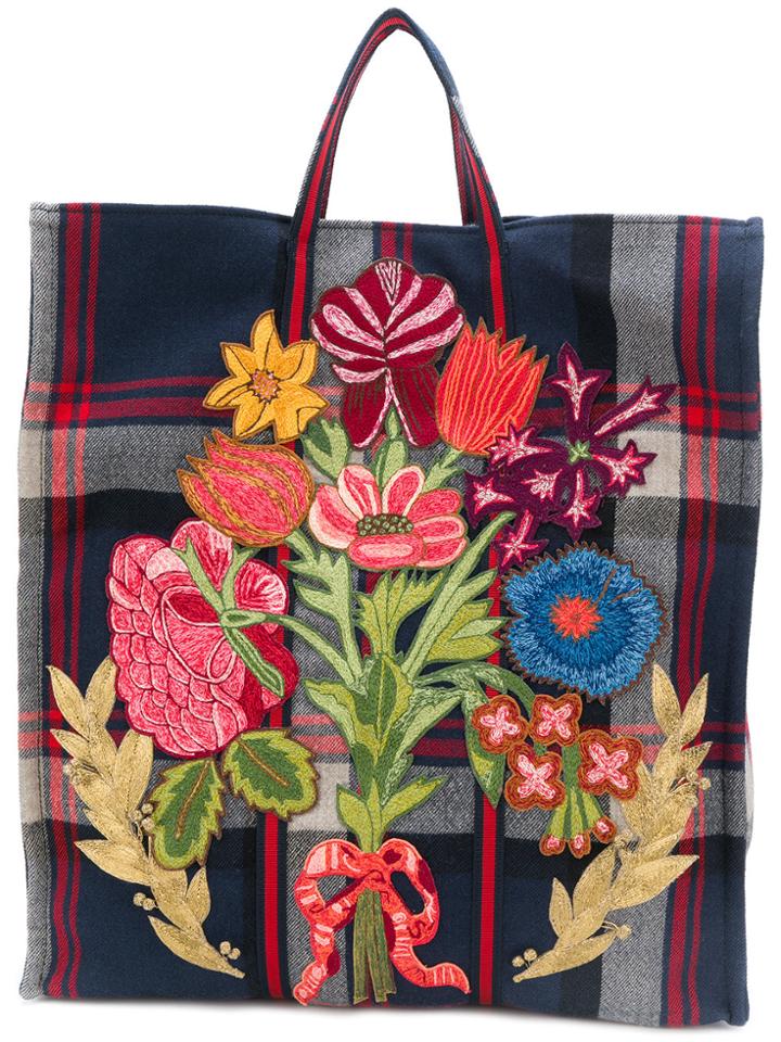Gucci Floral Embroidered Check Tote - Blue