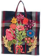 Gucci Floral Embroidered Check Tote - Blue