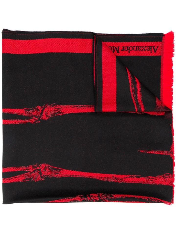 Alexander Mcqueen Lion Print Fringed Scarf - Black
