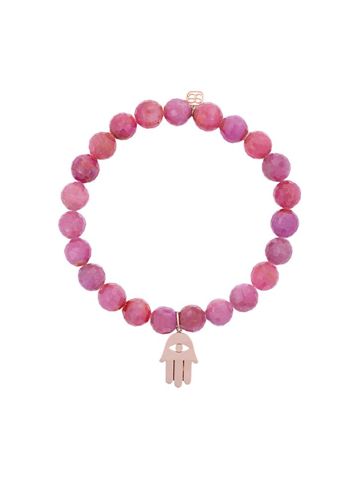 Sydney Evan 14kt Gold And Ruby Beaded Bracelet With Hamsa Hand Charm -
