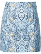 Balmain Buttoned Paisley Mini Skirt, Women's, Size: 40, Blue, Polyester