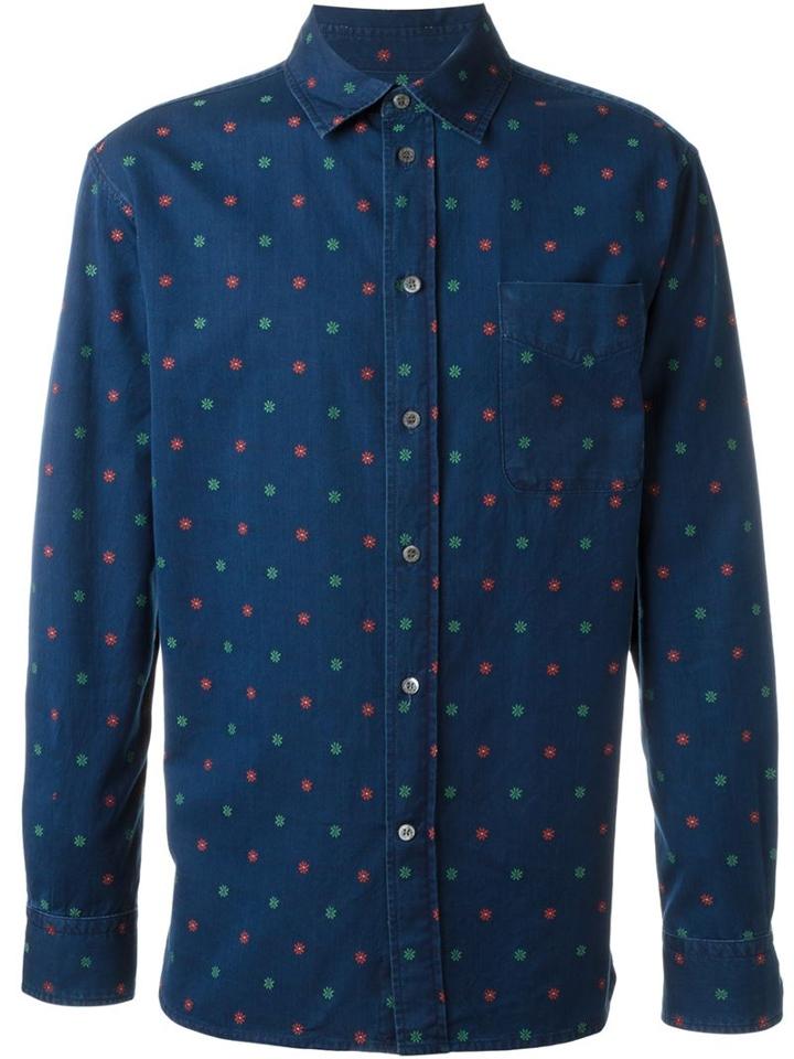 Maison Kitsuné Floral Embroidered Shirt, Men's, Size: 43, Blue, Cotton