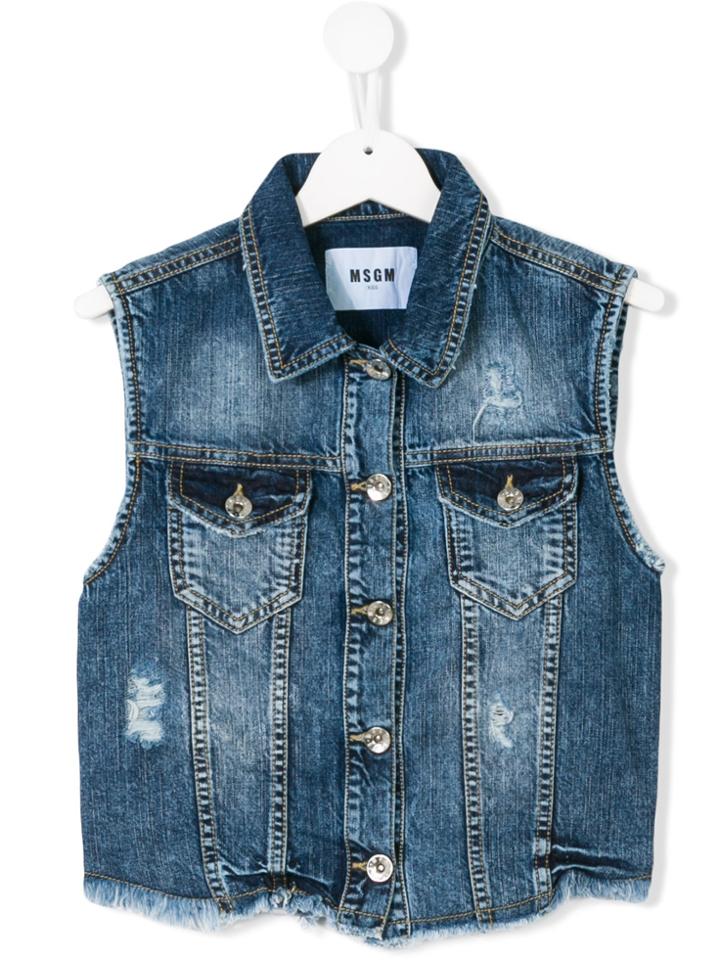 Msgm Kids Distressed Denim Gilet - Blue